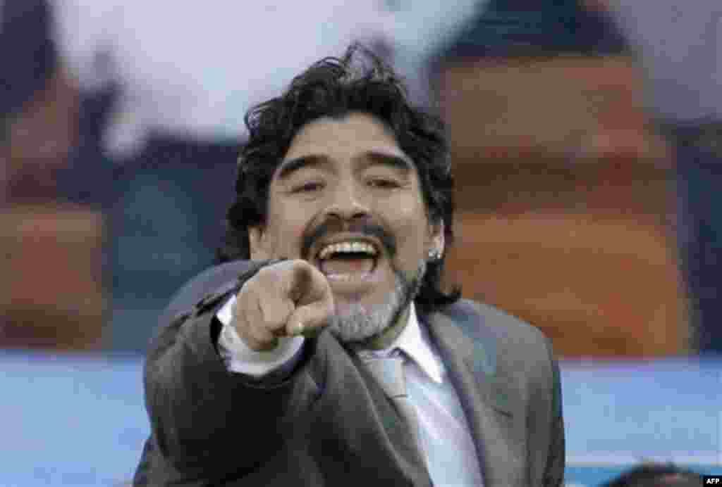 Argentina head coach Diego Maradona gestures during the World Cup group B soccer match between Argentina and South Korea at Soccer City in Johannesburg, South Africa, Thursday, June 17, 2010. (AP Photo/Frank Augstein)