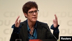 FILE - Christian Democratic Union candidate Annegret Kramp-Karrenbauer speaks at a regional conference in Luebeck, Germany, Nov. 15, 2018.