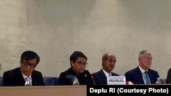 Menteri Luar Negeri Retno Marsudi pada Kajian Universal Periodik di Dewan HAM PBB di Jenewa, Rabu (3/5).