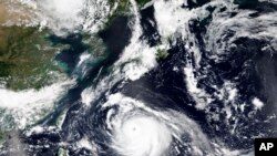 Citra satelit yang dirilis oleh NASA Worldview, Sistem Data dan Informasi Sistem Pengamatan Bumi (EOSDIS) menunjukkan Topan Haishen, atau Dewa Laut dalam bahasa China, mendekati wilayah selatan Jepang akhir pekan ini, 4 September 2020. (NASA via AP)