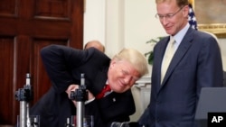 FILE - President Donald Trump unsuccessfully attempts to crush a Corning Valor glass protective vial with Wendell P. Weeks, right, chairman and chief executive officer of Corning Glass, in the Roosevelt Room of the White House, July 20, 2017.