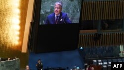 El presidente de Ecuador, Guillermo Lasso, durante su intervención en la 78ª Asamblea General de las Naciones Unidas. [AFP/ Bryan R. Smith]