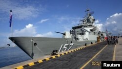 FILE - An Australian navy ship is seen at Changi Naval Base in Singapore, May 18, 2015. 