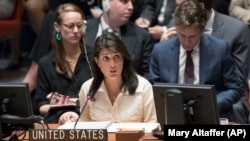 Embajadora de EE.UU. ante las Naciones Unidas, Nikki Haley durante una reunión del Consejo de Seguridad. Martes 15 de mayo de 2018.