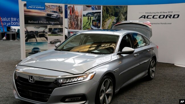 This car, made by the automaker Honda, is a 2018 Honda Accord shown at the Pittsburgh Auto Show Thursday on February 15, 2018. (AP Photo/Gene J. Puskar)