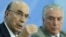 Economy Minister Henrique Meirelles (left) joins President Michel Temer during a press conference on new measures by the governement to stimulate the economy, at the Planalto Presidential Palace, in Brasilia, Brazil, Dec. 15, 2016.