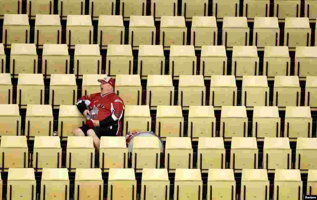 A Latvian fan is seen during the 2018 IIHF Men&#39;s Ice Hockey World Championship match between South Korea and Latvia in Copenhagen, Denmark.&nbsp;