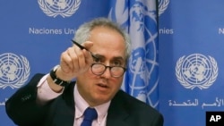 FILE - United Nations spokesperson Stephane Dujarric fields questions during a press conference with U.N. correspondents, at U.N. headquarters, on June 20, 2017.