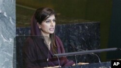 ທ່ານນາງ Hina Rabbani Khar ລັດຖະມົນຕີຕ່າງປະເທດປາກິສຖານ ກ່າວຄໍາປາໄສຕໍ່ສະມັດຊາໃຫຍ່ ສະຫະປະຊາຊາດ.
ວັນທີ 28 ກັນຍາ 2011.