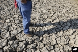 Pete Bonds berdiri di tangki persediaan yang menyusut di peternakannya di Saginaw, Texas. pada 1 Agustus 2011. (Foto: AP)