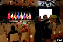 The stage at the Austria Center in Vienna, where an announcement on the deal is expected shortly. (Brian Allen/VOA News)