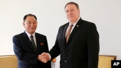 Kim Yong Chol, left, former North Korean military intelligence chief and one of leader Kim Jong Un's closest aides, shakes hands with U.S. Secretary of State Mike Pompeo during a meeting, May 31, 2018, in New York. 