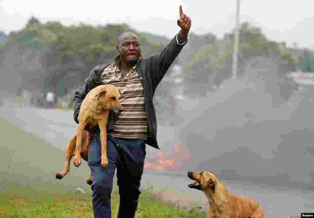 A protester holds a dog before a burning barricade during protests in Harare, Zimbabwe.