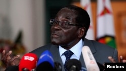 2013年7月30日津巴布韦总统穆加贝在记者会上发言。