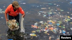 FILE - A government sanitary worker collects and segregates garbage, mostly plastic products, polluting Manila Bay, July 3, 2014. 