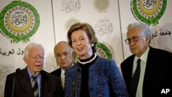 From right: U.N.-Arab League envoy to Syria, Lakhdar Brahimi, former president of Ireland Mary Robinson, Arab League Secretary-General Nabil Elaraby and former U.S. President Jimmy Carter in Cairo, Oct. 24, 2012.
