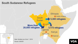 Map showing the number of South Sudanese Refugees in Uganda, Ethiopia, and Kenya