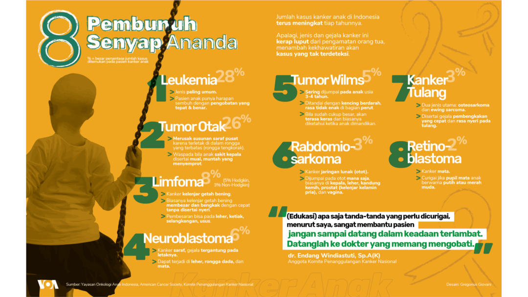 Infografik delapan jenis kanker pada anak. (Infografik: Gregorius Giovanni/VOA)