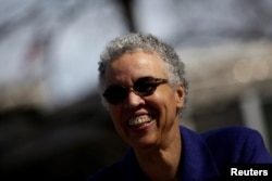 Chicago mayoral candidate Toni Preckwinkle leaves a polling place after voting during a runoff election for mayor against Lori Lightfoot in Chicago, Illinois, April 2, 2019.