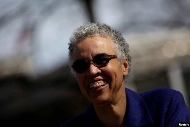 Chicago mayoral candidate Toni Preckwinkle leaves a polling place after voting during a runoff election for mayor against Lori Lightfoot in Chicago, Illinois, April 2, 2019.