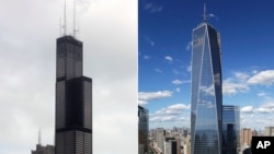 Tòa tháp Trung tâm Thương mại Thế giới mới ở thành phố New York (phải) chính thức trở thành tòa nhà cao nhất của Mỹ soán ngôi của Tháp Willis ở thành phố Chicago (trái)