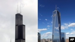 FILE - This combination made from file photos shows Willis Tower, formerly known as the Sears Tower, in Chicago on March 12, 2008, left, and 1 World Trade Center in New York. 