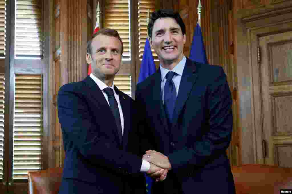 &nbsp;جاستین ترودو، نخست وزیر کانادا در دیدار با امانوئل ماکرون، رئیس جمهوری فرانسه در اونتاریو کانادا &nbsp;