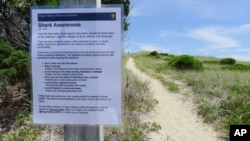 FILE - A sign warns visitors about the possible presence of sharks along the Cape Hatteras National Seashore in Cape Hatteras, North Carolina, July 7, 2015.