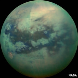 An image of Saturn's moon Titan taken by the Cassini spacecraft. Courtesy NASA
