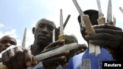 Ugandan traditional surgeons display circumcision knives before initiation ceremony, Mbale, Aug. 2008.