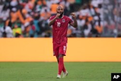 FILE - Equatorial Guinea's Emilio Nsue scores a goal during the AFCON Group A soccer match between Ivory Coast and Equatorial Guinea in Abidjan, Ivory Coast, January. 22, 2024