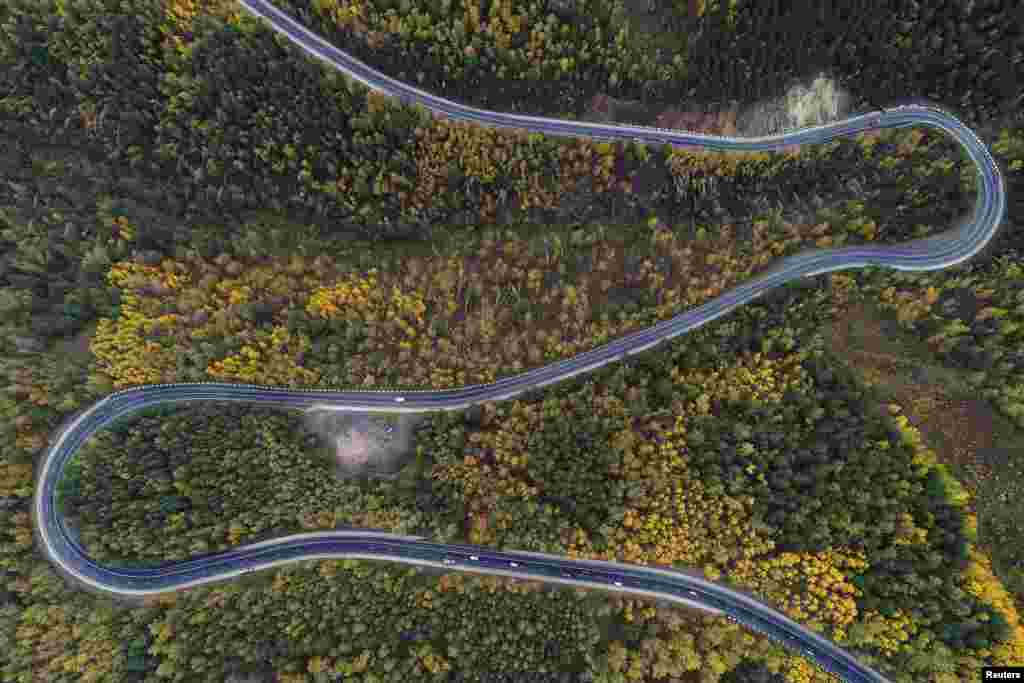 An aerial view shows the R257 &quot;Yenisei&quot; federal highway in the Siberian Taiga area outside Krasnoyarsk, Russia.