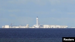 Chinese structures are pictured on the disputed Spratlys island in the South China Sea, April 21, 2017.