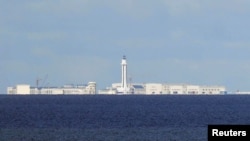 Chinese structures are pictured on the disputed Spratlys island in the South China Sea, April 21, 2017. 