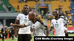 Les Black Stars du Ghana célèbrent après un but lors d’un match de la CAN 2017, au Gabon, 17 janvier 2017.