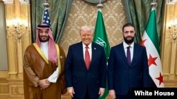 U.S. President Donald Trump, center, meets with Saudi Crown Prince Mohammed Bin Salman, left, and Interim Syrian President Ahmed al-Sharaa in Saudi Arabia. (File)