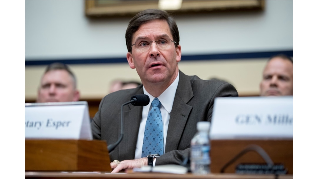 FILE - U.S. Secretary of the Army Mark Esper speaks during a House Armed Services Committee budget hearing on Capitol Hill in Washington, April 2, 2019.
