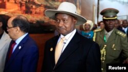 FILE - Uganda's President Yoweri Museveni arrives for the opening ceremony of the 22nd Ordinary Session of the African Union summit in Ethiopia's capital Addis Ababa.