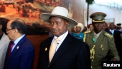 FILE - Uganda's President Yoweri Museveni arrives for the opening ceremony of the 22nd Ordinary Session of the African Union summit in Ethiopia's capital Addis Ababa.