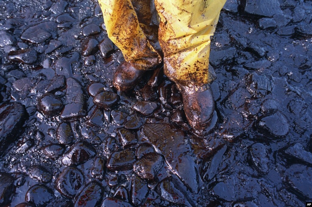 FILE - Thick crude oil washed up on the cobble beach of Evans Island sticks to the boots and pants of a local fisherman in Prince William Sound, Alaska, April 11, 1989.