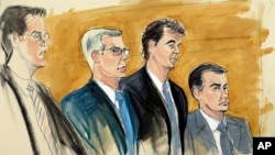 FILE - In this courtroom sketch, Alejandro Burzaco, second from right, stands with his attorneys Sean Casey, second from left, and John Couriel, right, and prosecutor Samuel Nitze, left, July 31, 2015 in federal court in New York.