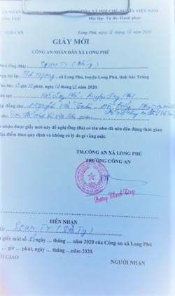 A summon letter from the Vietnamese authorities sent to Venerable Seun Ty for questioning, for an alleged violation of Vietnam's controversial cybersecurity law.