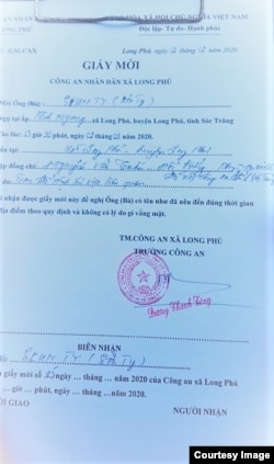 A summon letter from the Vietnamese authorities sent to Venerable Seun Ty for questioning, for an alleged violation of Vietnam's controversial cybersecurity law.