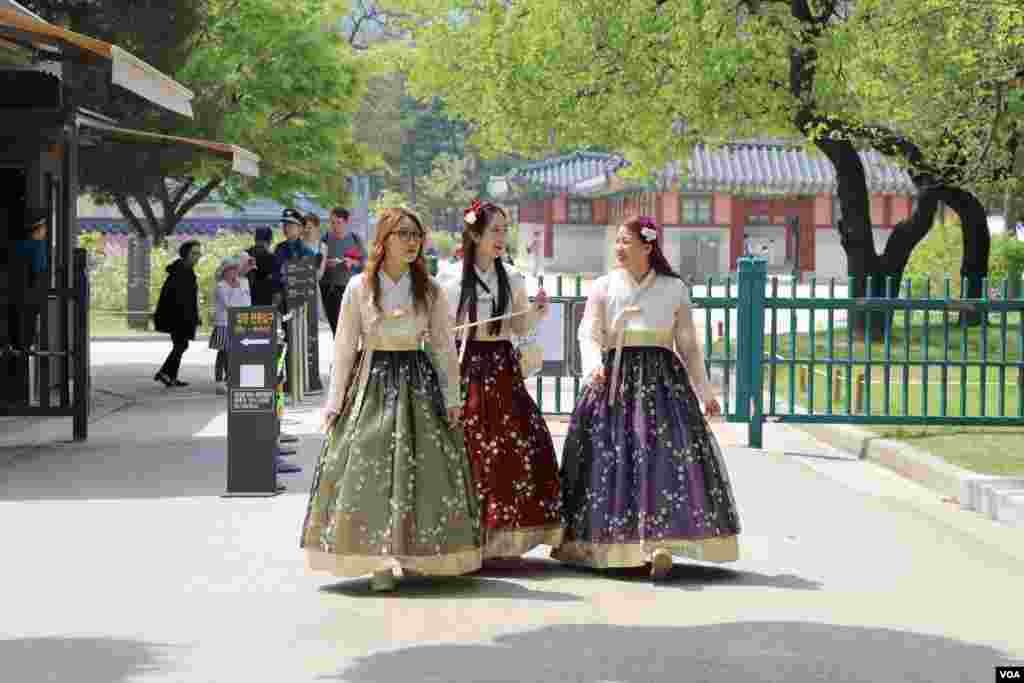 سه دختر جوان در لباس سنتی کره در کاخ گیونگ بوک گانگ