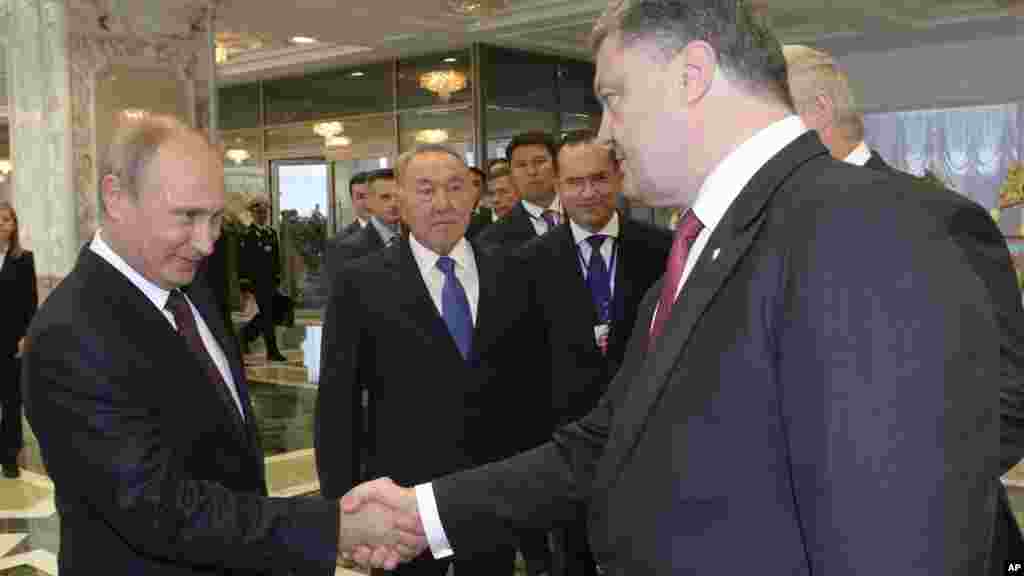 俄罗斯总统普京（左）和乌克兰总统彼得&middot;波罗申科握手