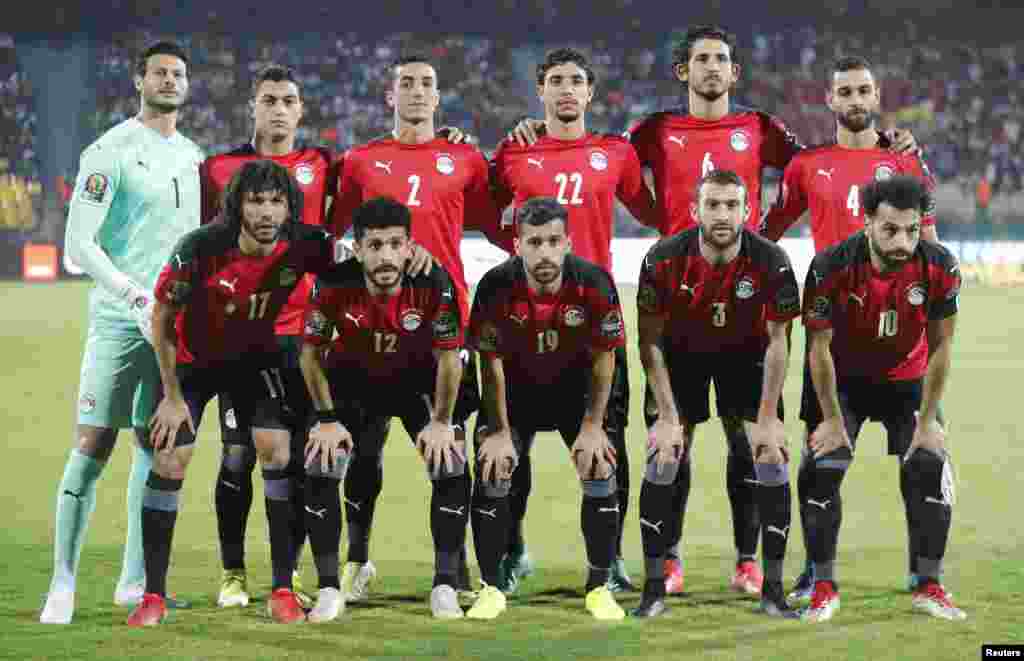 Egypt players pose for a team group photo before the football match between Egypt and Sudan in Cameroon on Jan. 19, 2022.