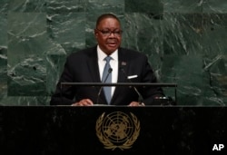 FILE - Malawi's President Arthur Peter Mutharika addresses the United Nations General Assembly, Sept. 20, 2017.