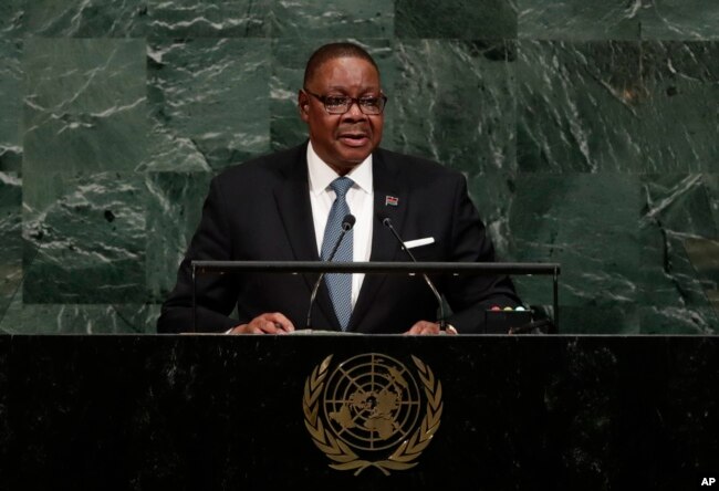 FILE - Malawi's President Arthur Peter Mutharika addresses the United Nations General Assembly, Sept. 20, 2017.