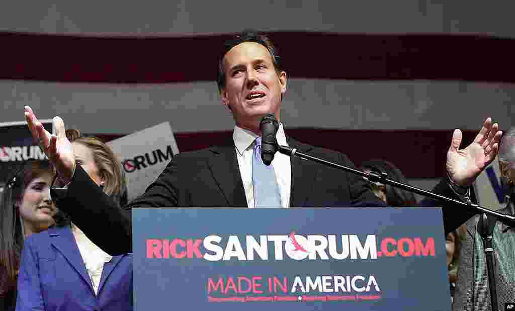 Republican presidential candidate Rick Santorum speaks at his election night rally at Steubenville High School, in Ohio, March 6, 2012. (AP)
