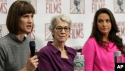Rachel Crooks, left, Jessica Leeds, center, and Samantha Holvey attend a news conference, Dec. 11, 2017, in New York to discuss their accusations of sexual misconduct against Donald Trump.